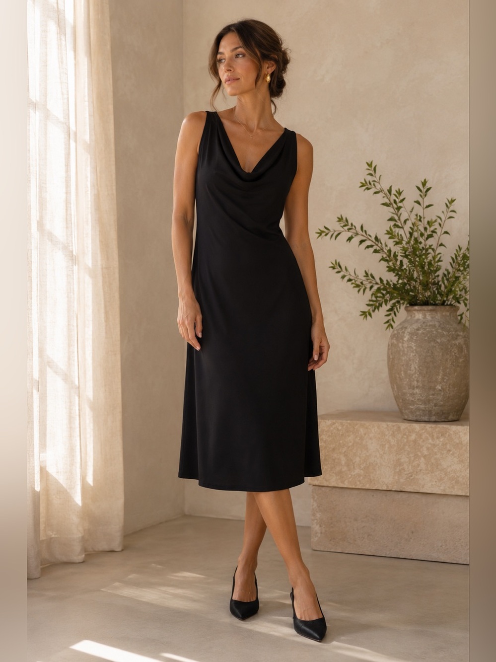 Eileen Fisher Petite Medium Black Sleeveless Midi Dress Minimalist Drape Neck